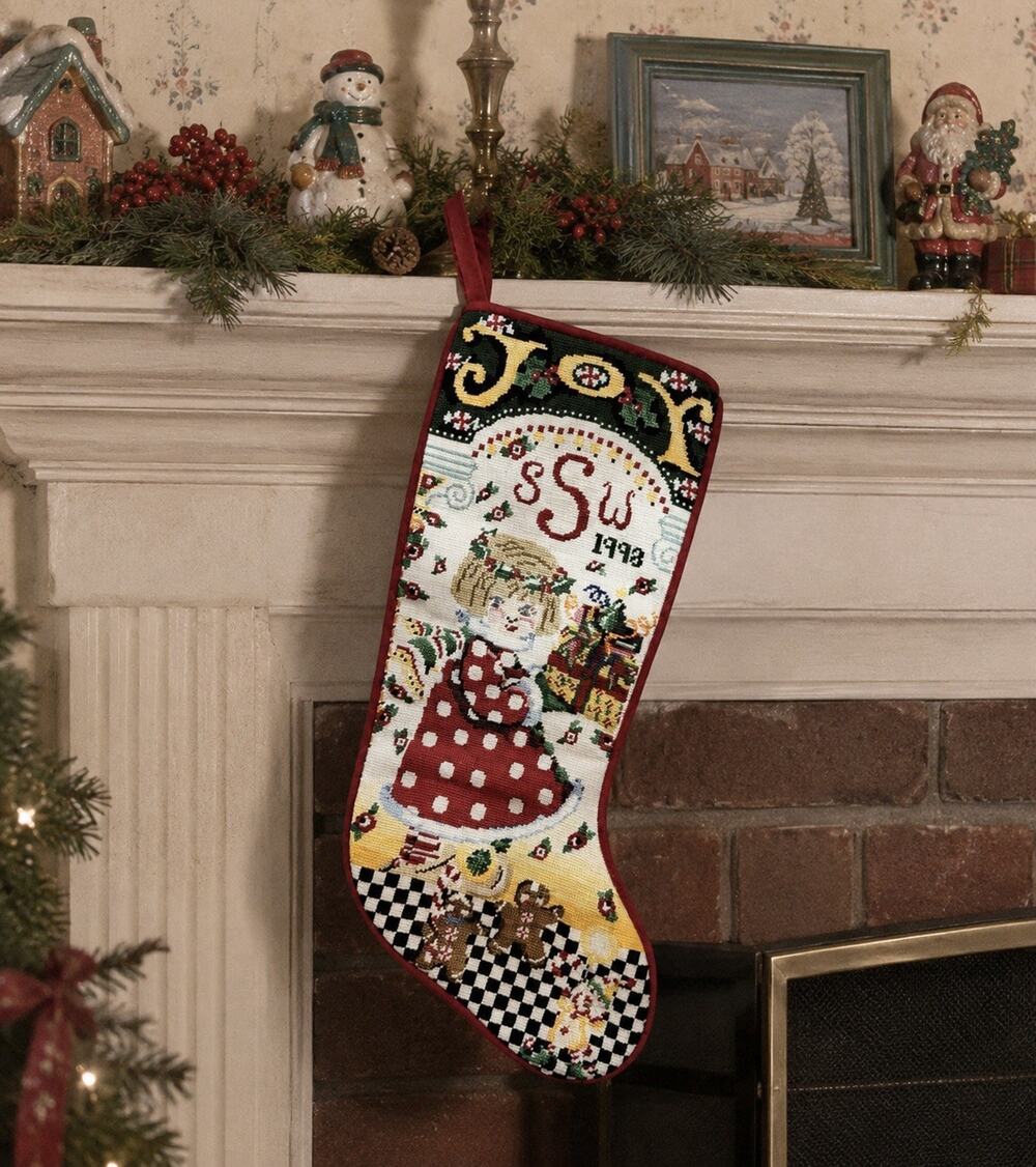 Mary Engelbreit Needlepoint Christmas Stocking 21” - Girl Presents 1998 Velvet